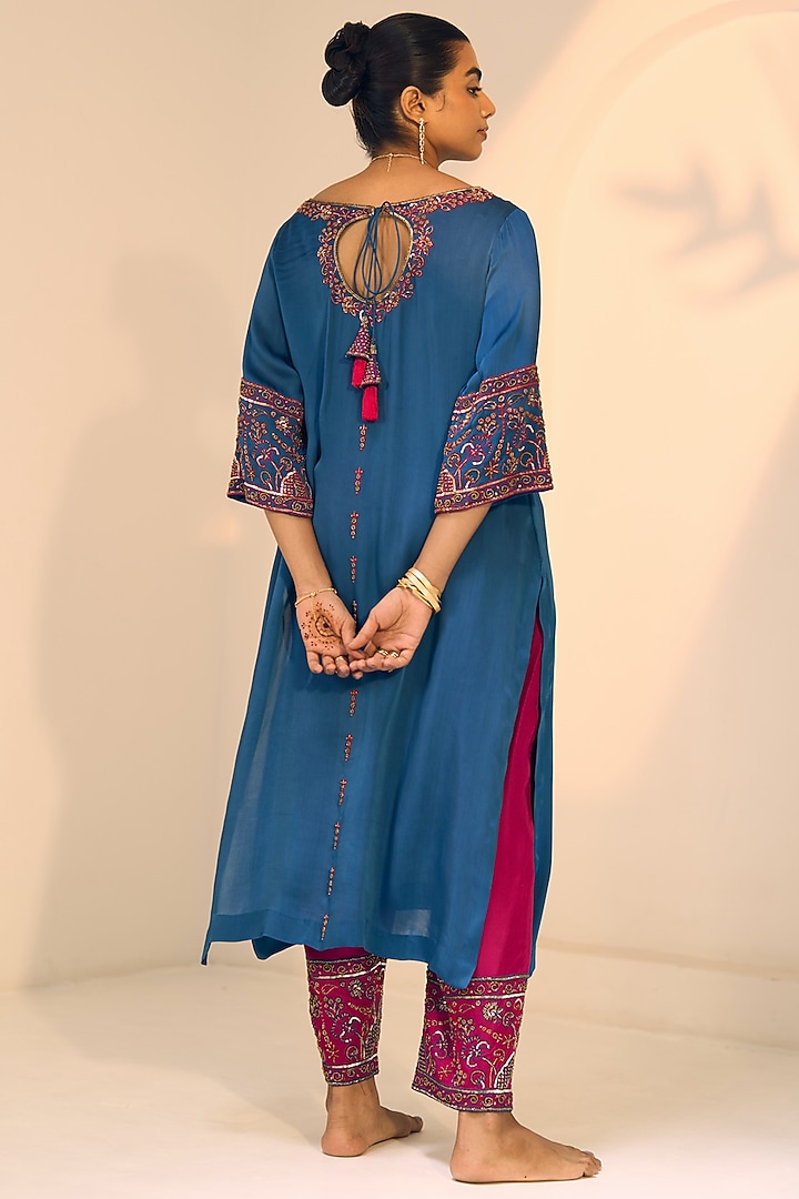 Blue Satin Georgette Hand Embroidered Kurta Set by Sarang Kaur at Pernia's Pop Up Shop