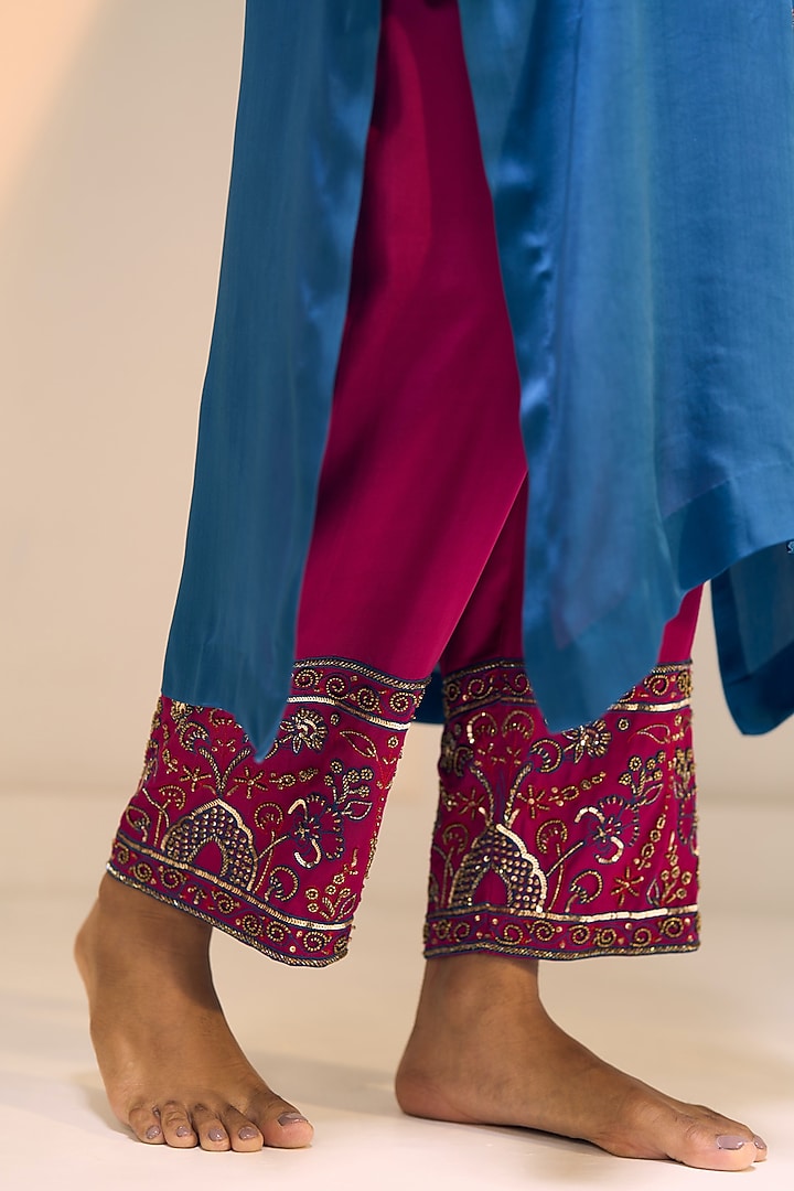 Blue Satin Georgette Hand Embroidered Kurta Set by Sarang Kaur at Pernia's Pop Up Shop