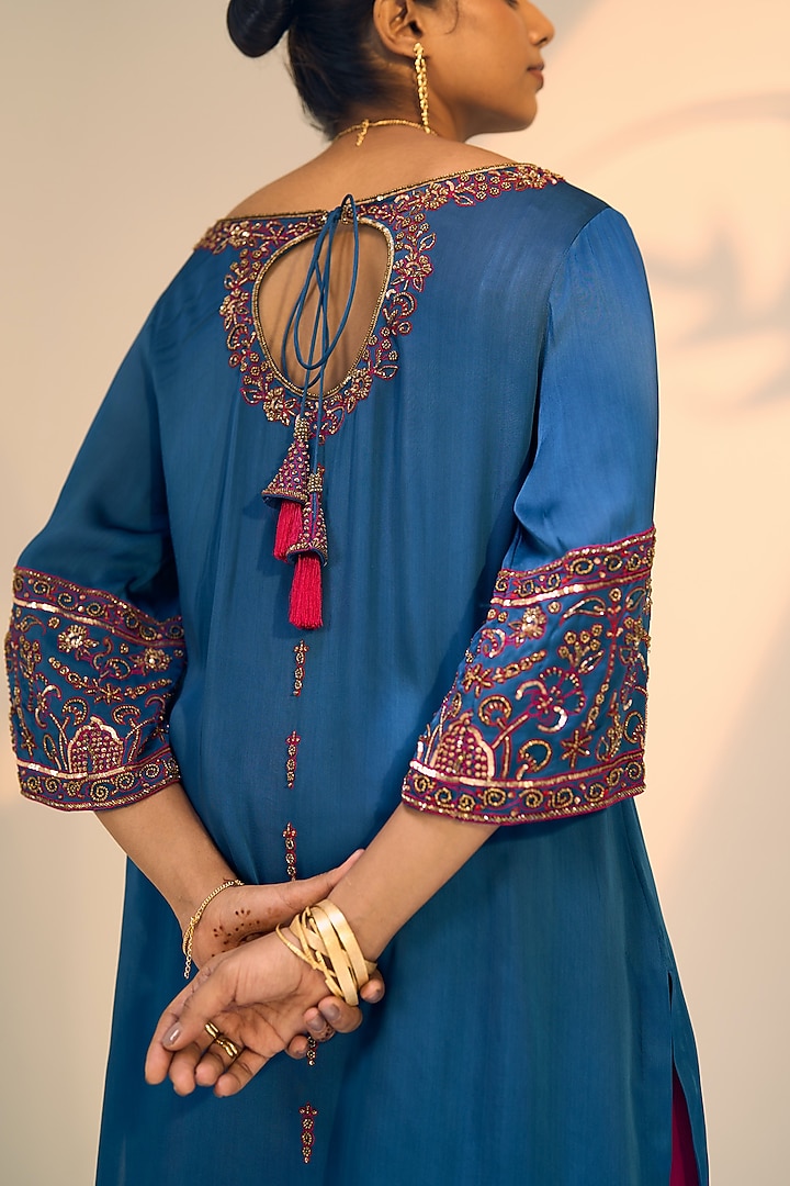 Blue Satin Georgette Hand Embroidered Kurta Set by Sarang Kaur at Pernia's Pop Up Shop