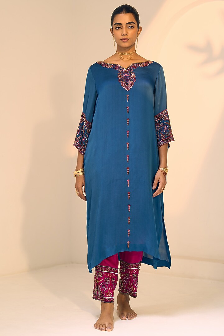 Blue Satin Georgette Hand Embroidered Kurta Set by Sarang Kaur at Pernia's Pop Up Shop