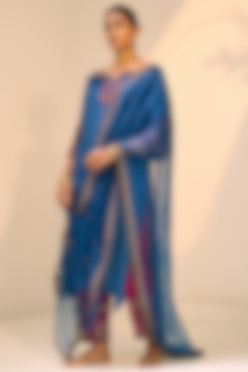 Blue Organza Silk Hand Embroidered Dupatta by Sarang Kaur at Pernia's Pop Up Shop