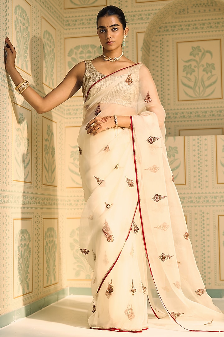 White Organza Silk Hand Embroidered Wedding Saree Set by Sarang Kaur at Pernia's Pop Up Shop