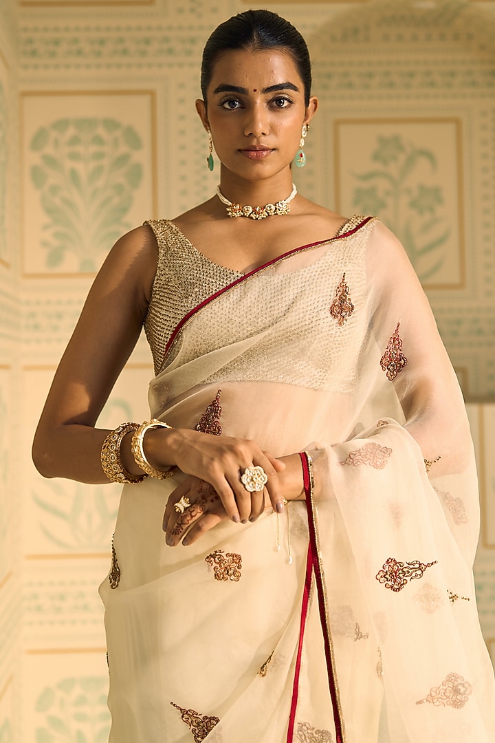 White Organza Silk Hand Embroidered Wedding Saree Set by Sarang Kaur at Pernia's Pop Up Shop