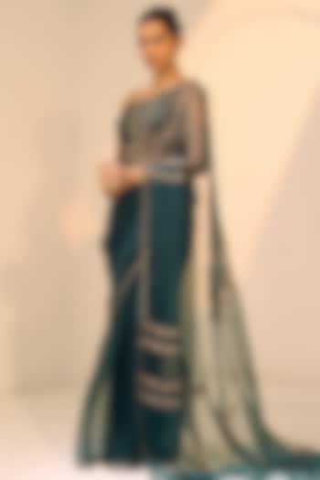 Green Organza Silk Hand Embroidered Wedding Saree Set by Sarang Kaur at Pernia's Pop Up Shop