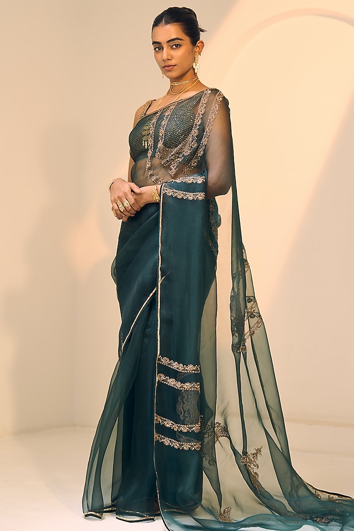 Green Organza Silk Hand Embroidered Wedding Saree Set by Sarang Kaur at Pernia's Pop Up Shop