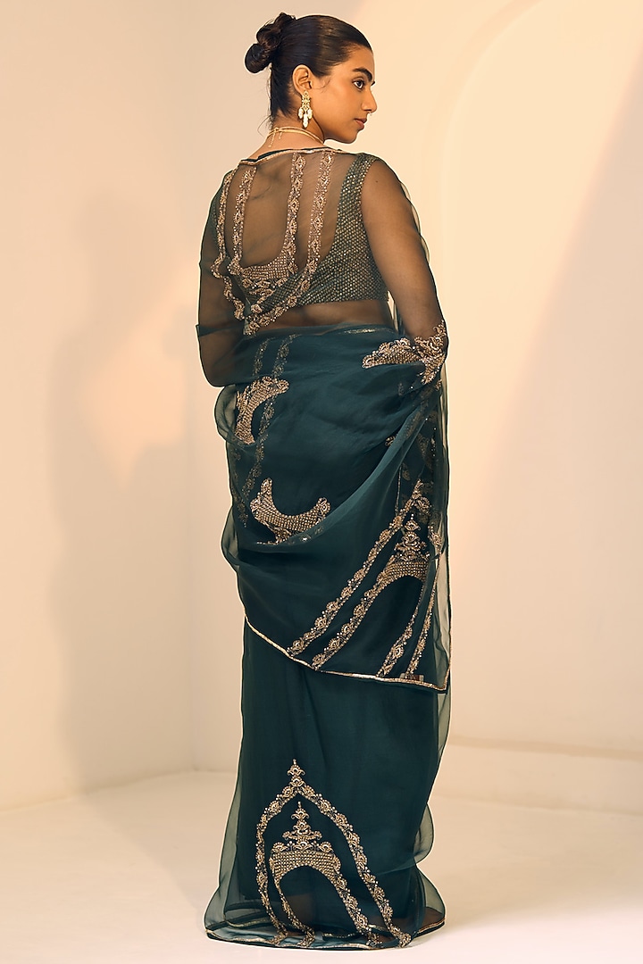 Green Organza Silk Hand Embroidered Wedding Saree Set by Sarang Kaur at Pernia's Pop Up Shop