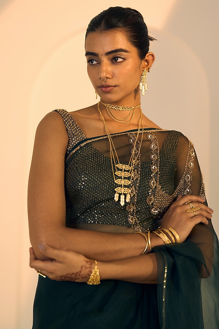Green Organza Silk Hand Embroidered Wedding Saree Set by Sarang Kaur at Pernia's Pop Up Shop
