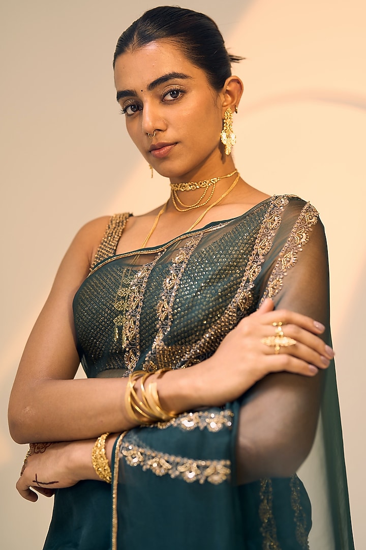 Green Organza Silk Hand Embroidered Wedding Saree Set by Sarang Kaur at Pernia's Pop Up Shop