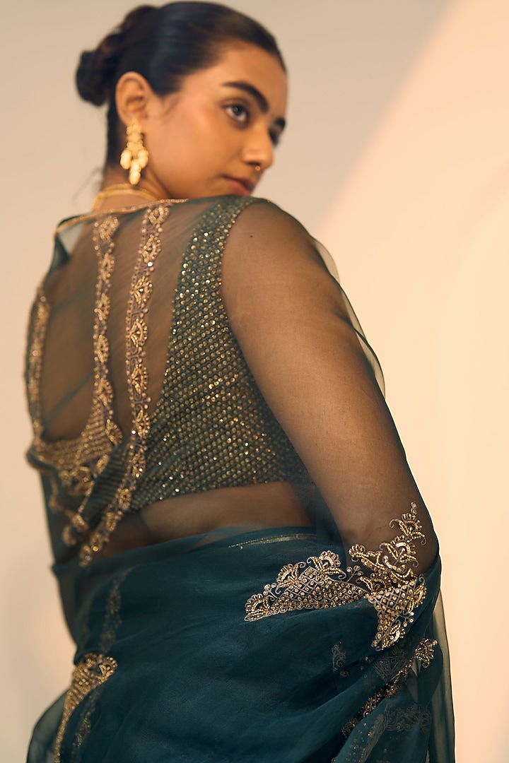 Green Organza Silk Hand Embroidered Wedding Saree Set by Sarang Kaur at Pernia's Pop Up Shop