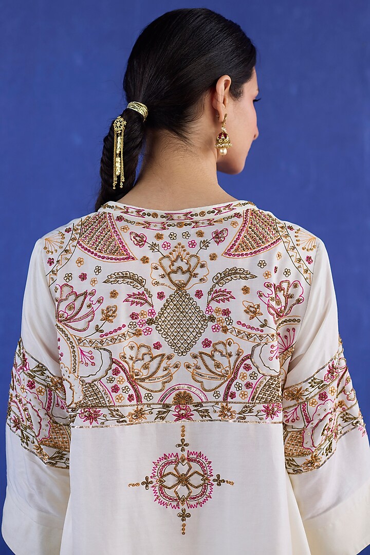 White Chanderi Silk Zardosi Hand Embroidered Co-Ord Set by Sarang Kaur at Pernia's Pop Up Shop