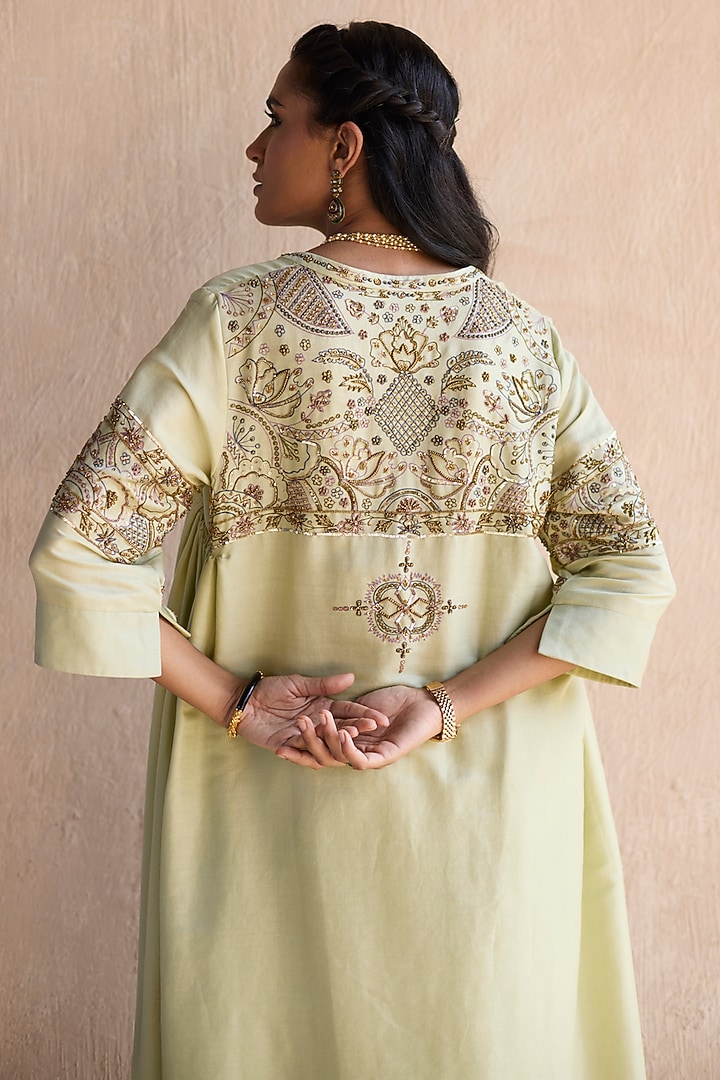 Green Chanderi Silk Zardosi Hand Embroidered Co-Ord Set by Sarang Kaur at Pernia's Pop Up Shop