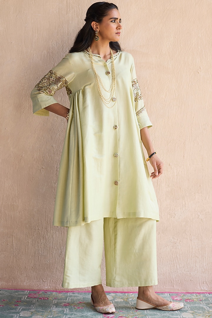 Green Chanderi Silk Zardosi Hand Embroidered Co-Ord Set by Sarang Kaur at Pernia's Pop Up Shop