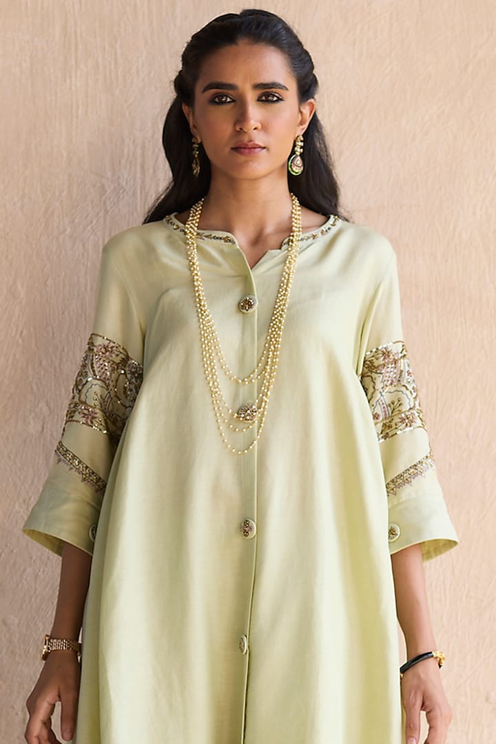 Green Chanderi Silk Zardosi Hand Embroidered Co-Ord Set by Sarang Kaur at Pernia's Pop Up Shop