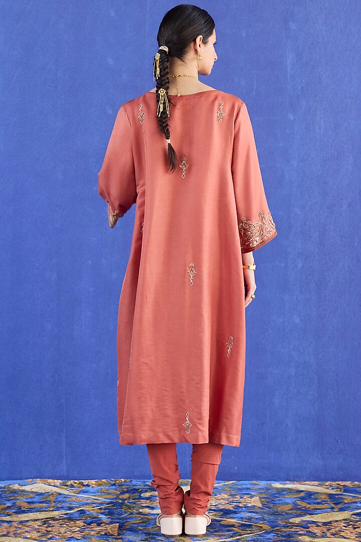 Orange Chanderi Silk Zardosi Hand Embroidered Kurta Set by Sarang Kaur at Pernia's Pop Up Shop