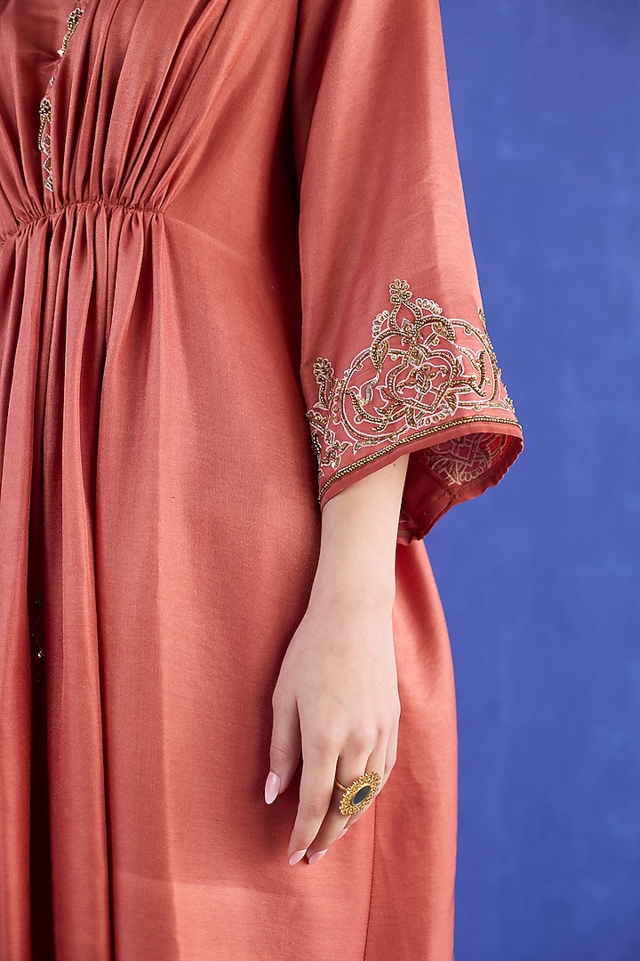 Orange Chanderi Silk Zardosi Hand Embroidered Kurta Set by Sarang Kaur at Pernia's Pop Up Shop