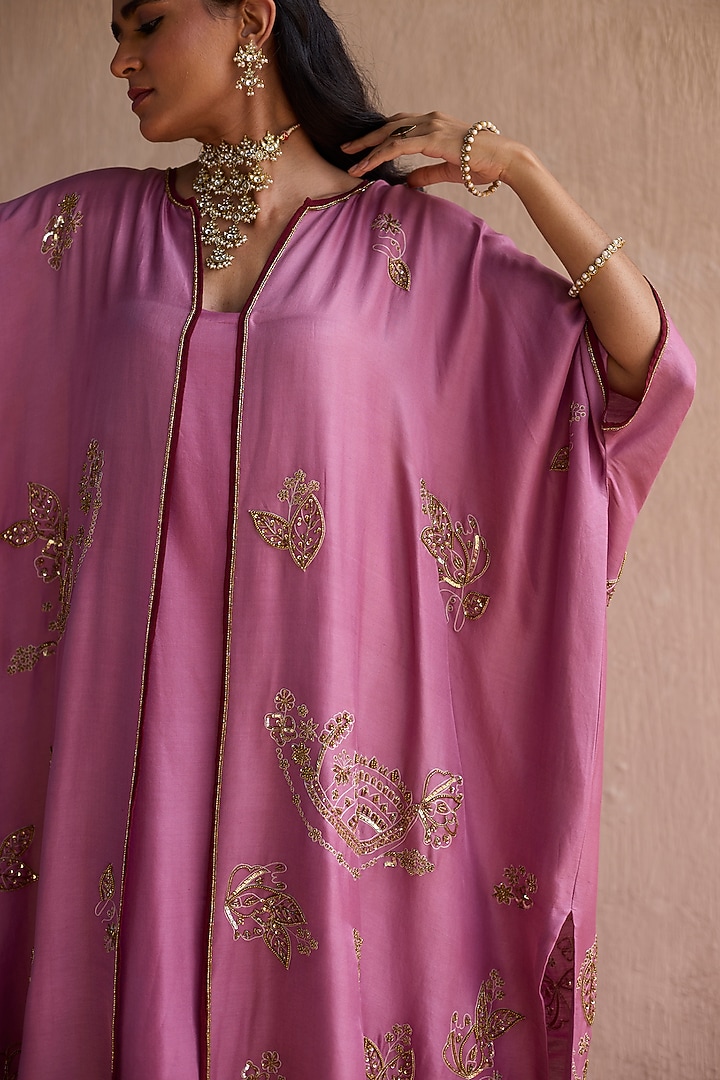 Purple Chanderi Silk Zardosi Hand Embroidered Kurta Set by Sarang Kaur at Pernia's Pop Up Shop
