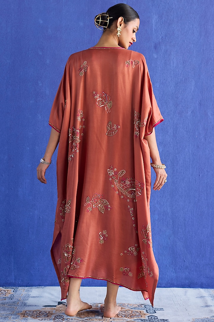 Orange Chanderi Silk Zardosi Hand Embroidered Kurta Set by Sarang Kaur at Pernia's Pop Up Shop