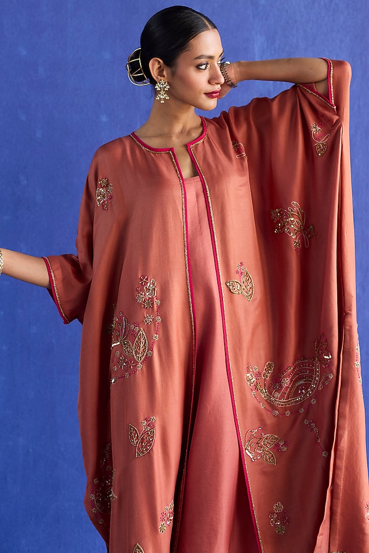 Orange Chanderi Silk Zardosi Hand Embroidered Kurta Set by Sarang Kaur at Pernia's Pop Up Shop