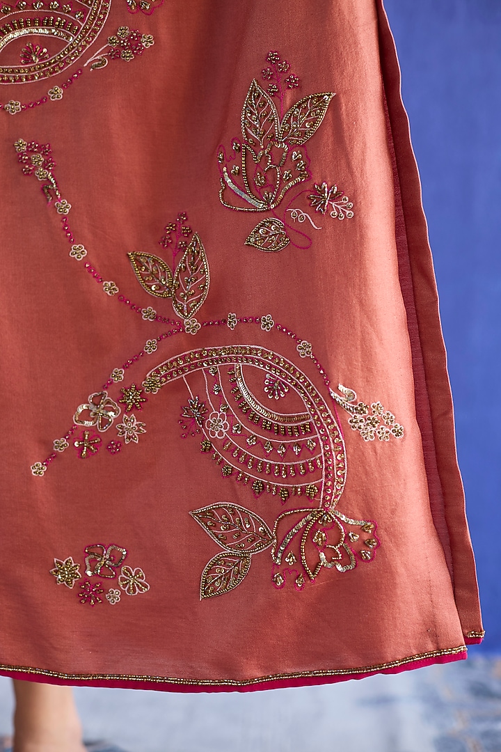 Orange Chanderi Silk Zardosi Hand Embroidered Kurta Set by Sarang Kaur at Pernia's Pop Up Shop
