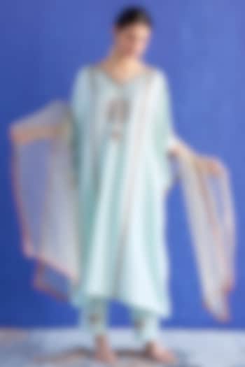 Blue Chanderi Silk Zardosi Hand Embroidered Kaftan Set by Sarang Kaur at Pernia's Pop Up Shop