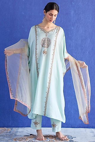 Blue Chanderi Silk Zardosi Hand Embroidered Kaftan Set by Sarang Kaur