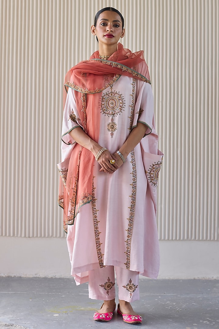 Pink Chanderi Silk Zardosi Hand Embroidered Kaftan Set by Sarang Kaur at Pernia's Pop Up Shop