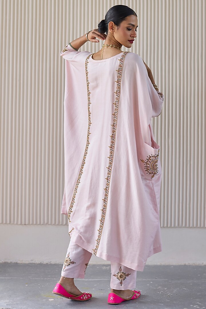 Pink Chanderi Silk Zardosi Hand Embroidered Kaftan Set by Sarang Kaur at Pernia's Pop Up Shop