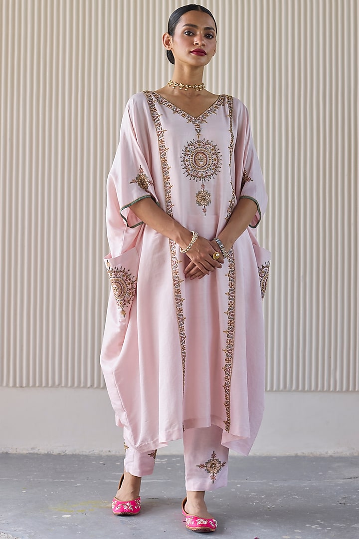 Pink Chanderi Silk Zardosi Hand Embroidered Kaftan Set by Sarang Kaur at Pernia's Pop Up Shop