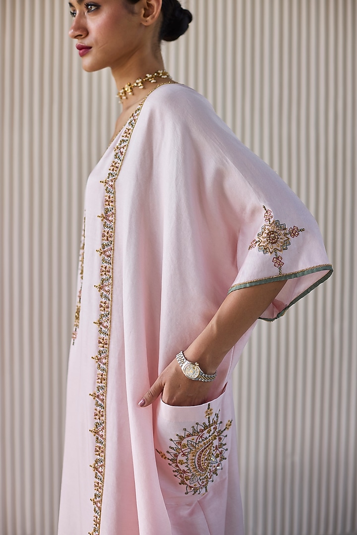 Pink Chanderi Silk Zardosi Hand Embroidered Kaftan Set by Sarang Kaur at Pernia's Pop Up Shop