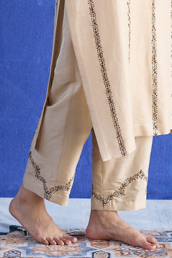 Beige Chanderi Silk Zardosi Hand Embroidered Kurta Set by Sarang Kaur at Pernia's Pop Up Shop