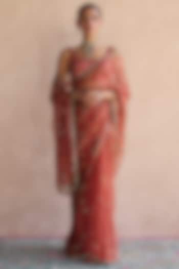 Orange Organza Silk Zardosi Hand Embroidered Reception Saree Set by Sarang Kaur at Pernia's Pop Up Shop