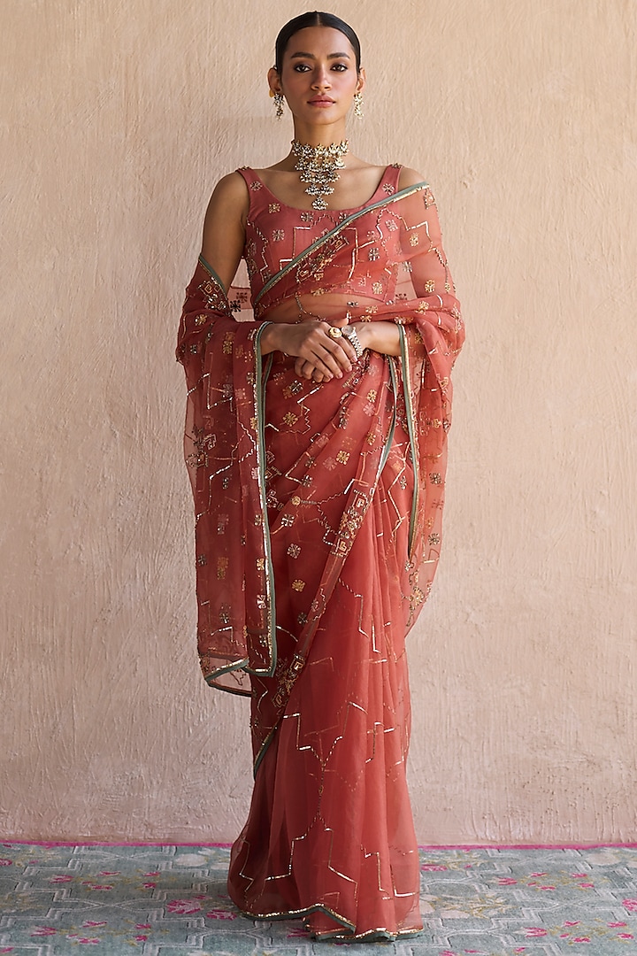 Orange Organza Silk Zardosi Hand Embroidered Reception Saree Set by Sarang Kaur at Pernia's Pop Up Shop