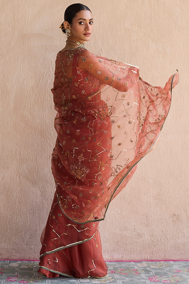 Orange Organza Silk Zardosi Hand Embroidered Reception Saree Set by Sarang Kaur at Pernia's Pop Up Shop