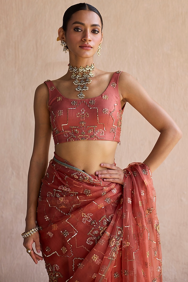 Orange Organza Silk Zardosi Hand Embroidered Reception Saree Set by Sarang Kaur at Pernia's Pop Up Shop