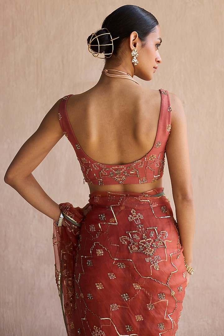 Orange Organza Silk Zardosi Hand Embroidered Reception Saree Set by Sarang Kaur at Pernia's Pop Up Shop