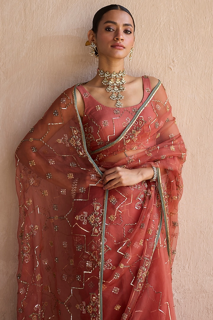 Orange Organza Silk Zardosi Hand Embroidered Reception Saree Set by Sarang Kaur at Pernia's Pop Up Shop