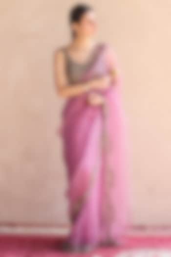 Purple Organza Silk Zardosi Hand Embroidered Wedding Saree Set by Sarang Kaur at Pernia's Pop Up Shop