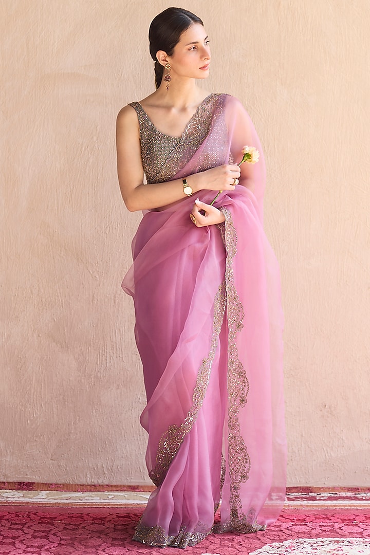 Purple Organza Silk Zardosi Hand Embroidered Wedding Saree Set by Sarang Kaur at Pernia's Pop Up Shop