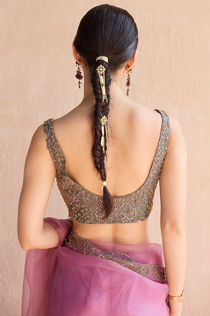 Purple Organza Silk Zardosi Hand Embroidered Wedding Saree Set by Sarang Kaur at Pernia's Pop Up Shop