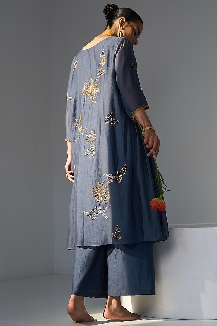 Blue Chanderi Silk Hand Embroidered Kurta Set by Sarang Kaur at Pernia's Pop Up Shop