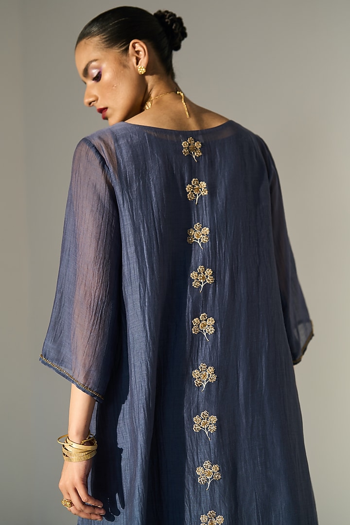 Blue Chanderi Silk Hand Embroidered Kurta Set by Sarang Kaur at Pernia's Pop Up Shop
