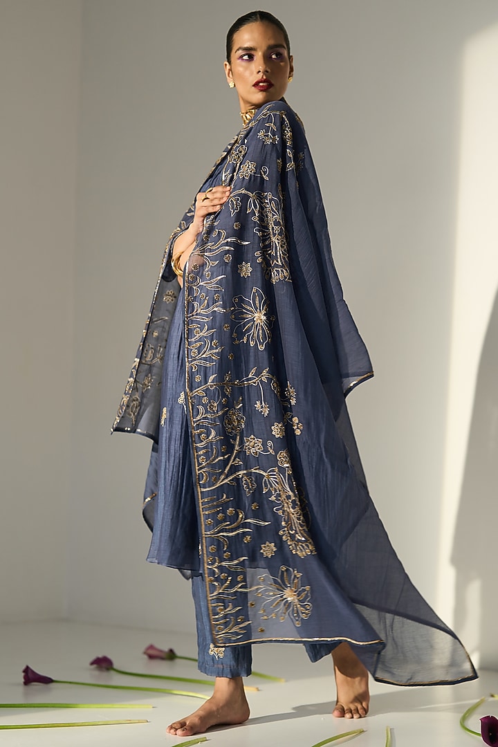 Blue Chanderi Silk Hand Embroidered Dupatta by Sarang Kaur at Pernia's Pop Up Shop