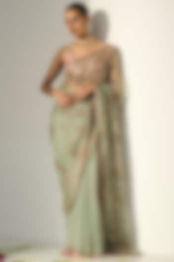 Green Organza Silk Hand Embroidered Reception Saree Set by Sarang Kaur at Pernia's Pop Up Shop