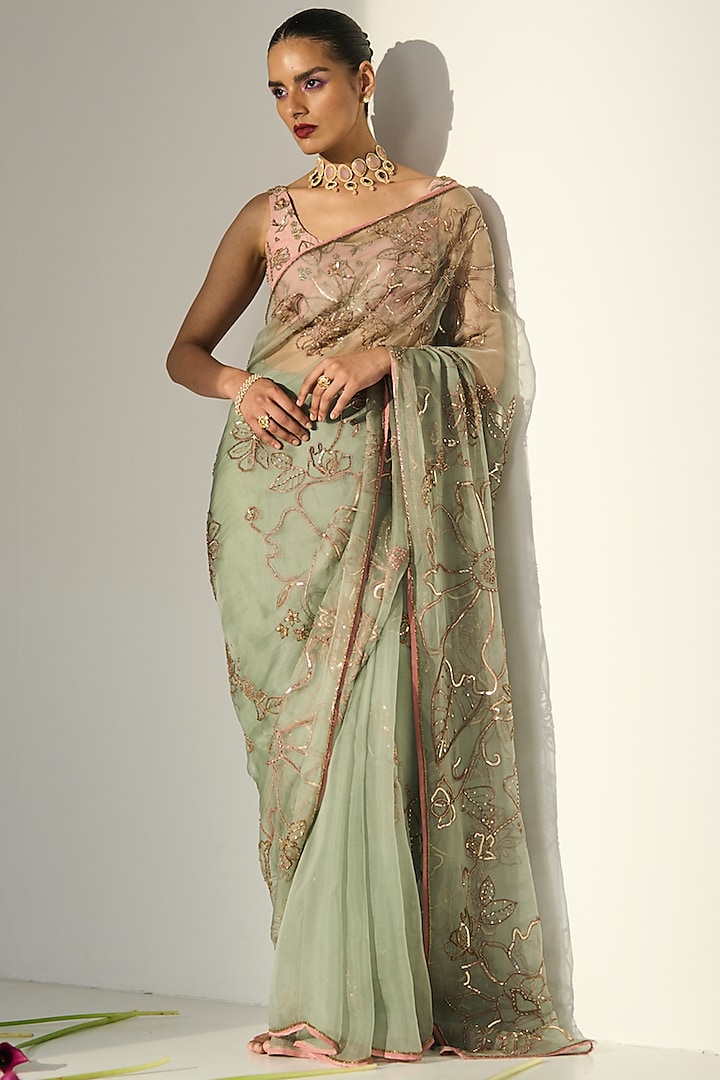 Green Organza Silk Hand Embroidered Reception Saree Set by Sarang Kaur at Pernia's Pop Up Shop