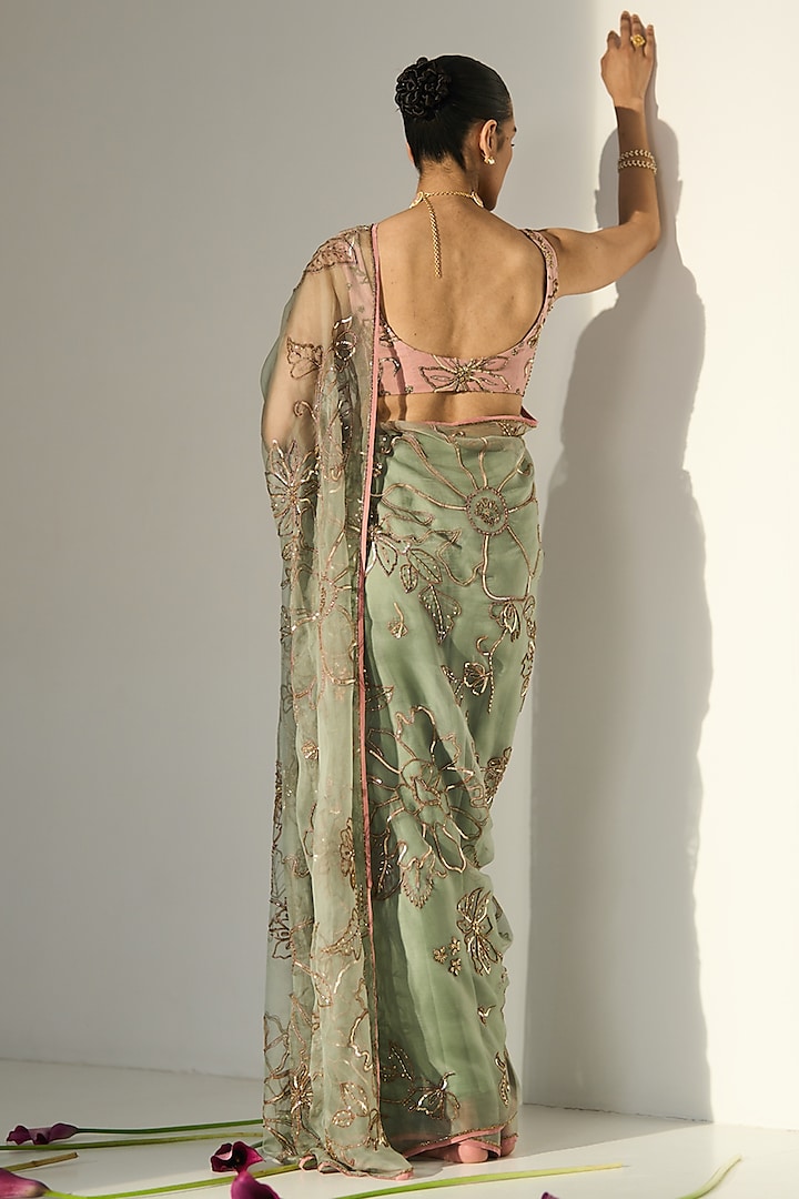 Green Organza Silk Hand Embroidered Reception Saree Set by Sarang Kaur at Pernia's Pop Up Shop