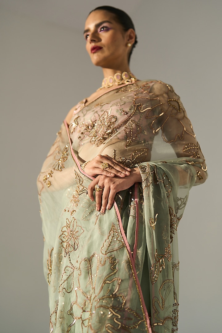 Green Organza Silk Hand Embroidered Reception Saree Set by Sarang Kaur at Pernia's Pop Up Shop
