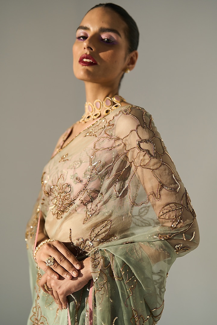 Green Organza Silk Hand Embroidered Reception Saree Set by Sarang Kaur at Pernia's Pop Up Shop