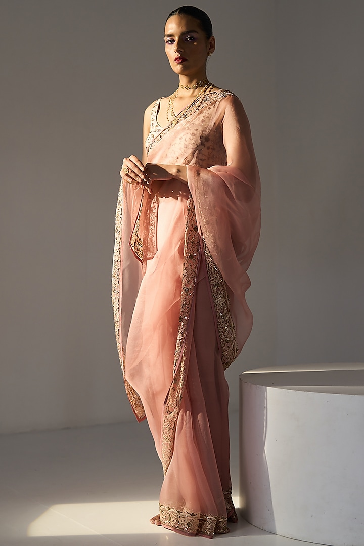 Pink Organza Silk Hand Embroidered Wedding Saree Set by Sarang Kaur at Pernia's Pop Up Shop