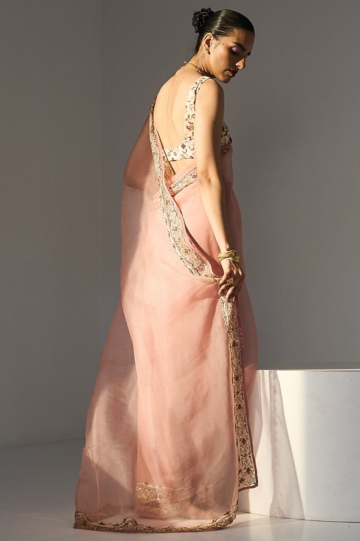 Pink Organza Silk Hand Embroidered Wedding Saree Set by Sarang Kaur at Pernia's Pop Up Shop