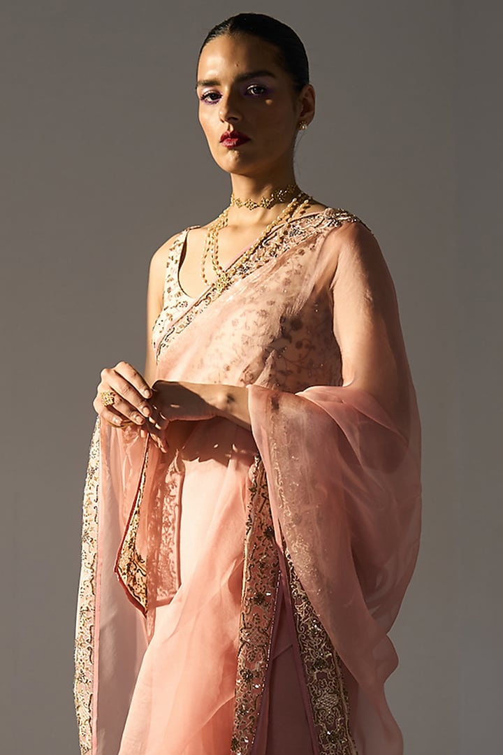Pink Organza Silk Hand Embroidered Wedding Saree Set by Sarang Kaur at Pernia's Pop Up Shop